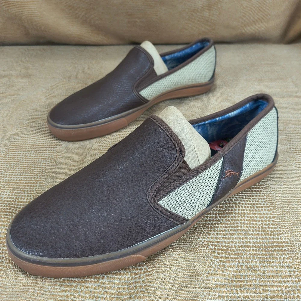 Tommy Bahama Mens Brown PU Leather Textile Slip‎ On Loafers Shoes TB7F00149 10.5